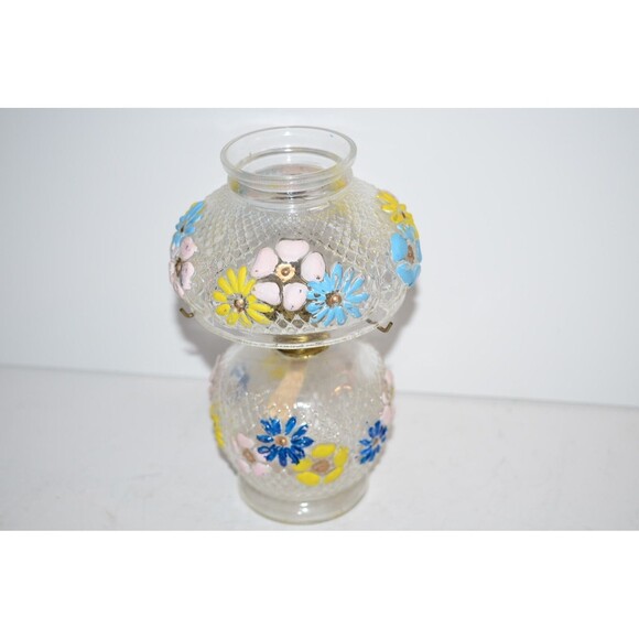 Vtg  Miniature oil Lamp Floral COSMOS Pattern flaws  clear glass - Picture 8 of 9